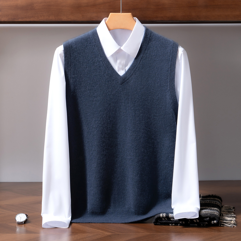 Autumn and Winter Solid Color Cashmere V-Neck Knitted Vest Sweater Men's Knitted Vest Pullover Sleeveless Vest Business Casual