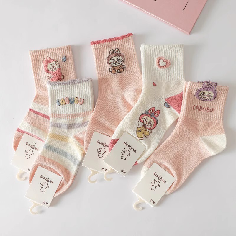 Labubu Children's Socks Spring and Autumn Style Girls' Pink Mid-Calf Socks Baby Girl Cute Cartoon Autumn and Winter Cotton Socks