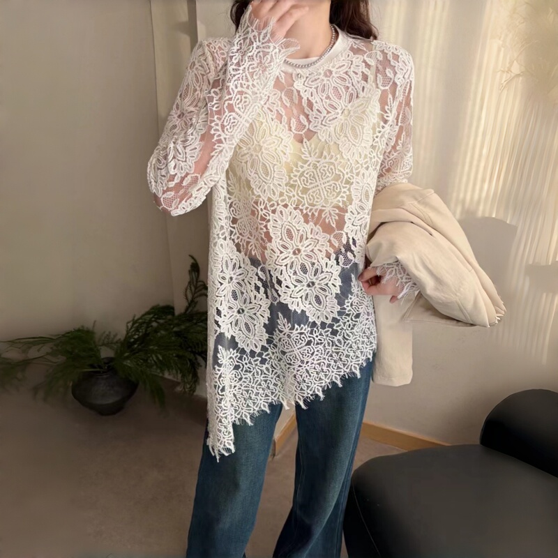 White Lace Blouse for Women, 2026 Spring Style, Long-Sleeved, Slightly See-Through, Irregular Hem, Unique and Chic, Age-Reducing Top