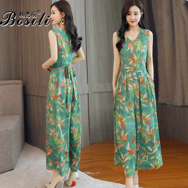 Chiffon jumpsuit women's summer 2022 summer new Korean version sleeveless printing high waist jumpsuit wide leg hakama suit tide