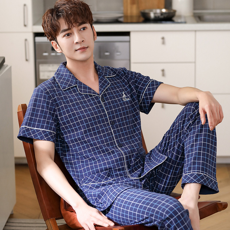 Mens đồ ngủ mùa xuân và mùa thu bông ngắn tay kẻ sọc cardigan quần mỏng bông mùa hè pajamamen bộ bình thường.