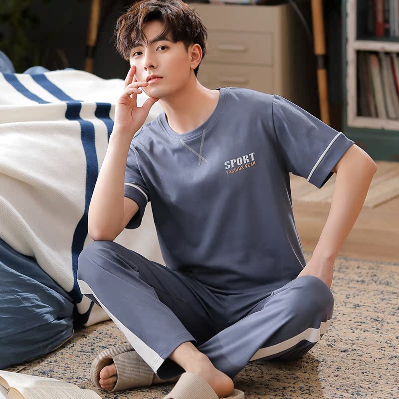 Mùa hè đồ ngủ mens bông ngắn sleeveth mỏng quanh cổ áo mens edican bông trẻ thể thao pajama chùng bộ.