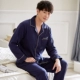 Bộ đồ ngủ mùa xuân và mùa thu của nam giới cotton dài tay cardigan kẻ sọc giản dị phù hợp với quần tây hai mảnh kích thước lớn dịch vụ tại nhà mùa thu - Bộ Pajama