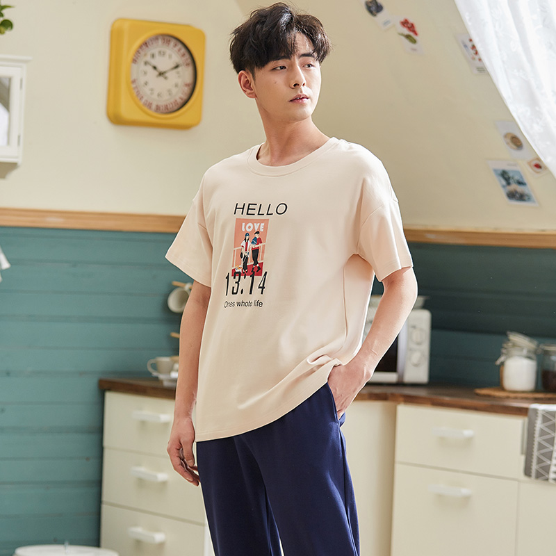 Summer mens mới bộ đồ ngủ cotton quần ngắn tay hai mảnh bộ pajamamen trẻ bộ bông giản dị.