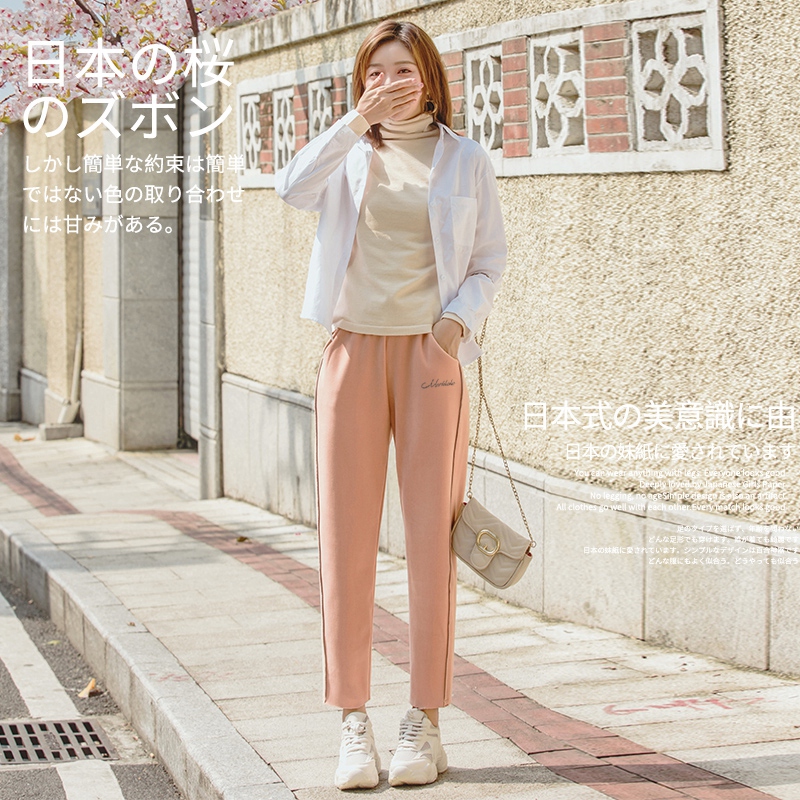日系加绒樱花裤女2019秋冬百搭爆款奶奶裤保暖萝卜阔腿裤哈伦裤子