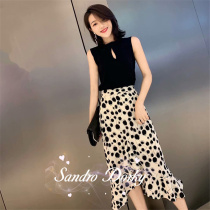 France SandroDorky womens summer new thin knitted top ruffle fishtail skirt suit