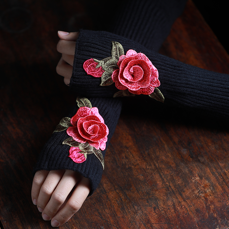 Embroidered gloves winter women's autumn warm and cold-proof spring and autumn car half finger finger half ethnic wind gloves