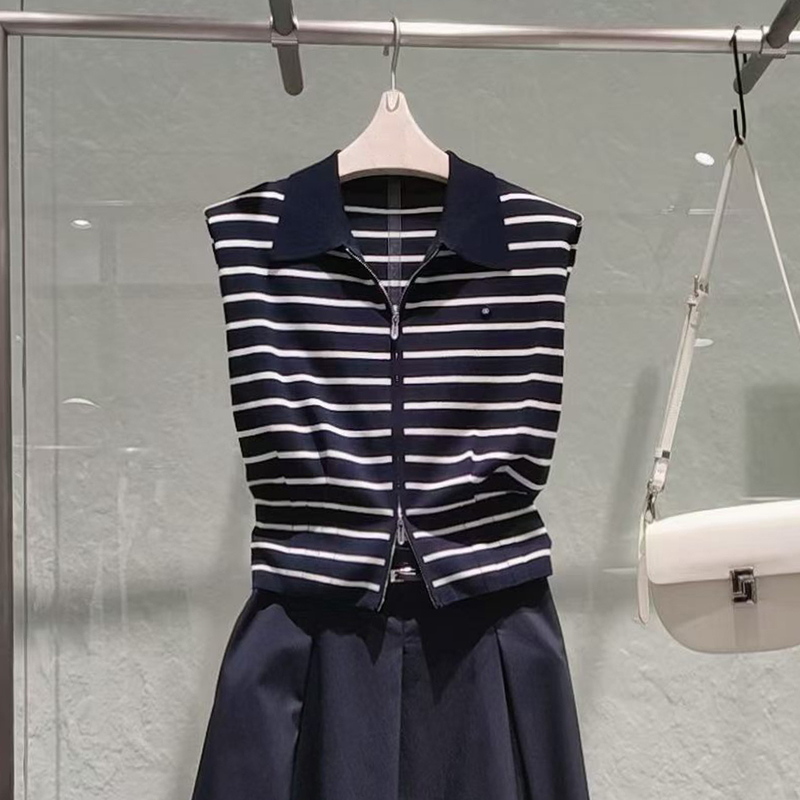 Navy Blue Striped Knit Top for Women, 2026 Summer New Style, Sleeveless Polo Collar Zipper Top, Waist-Cinching, Elegant Nautical Style