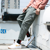 Pants mens trendy pants nine-point casual cotton trousers loose summer sports thin overalls autumn