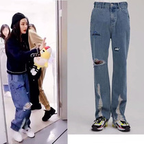 (H) New Korean fashion brand Ader cargo king Error super fashionable heavy duty hard goods middle waist hole jeans