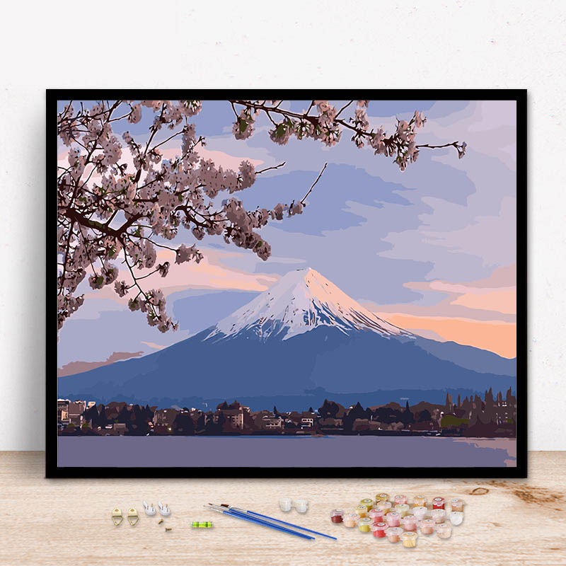 数字油画diy 风景花卉日本富士山樱花手工填充手绘填色客厅装饰画 Изображение 1