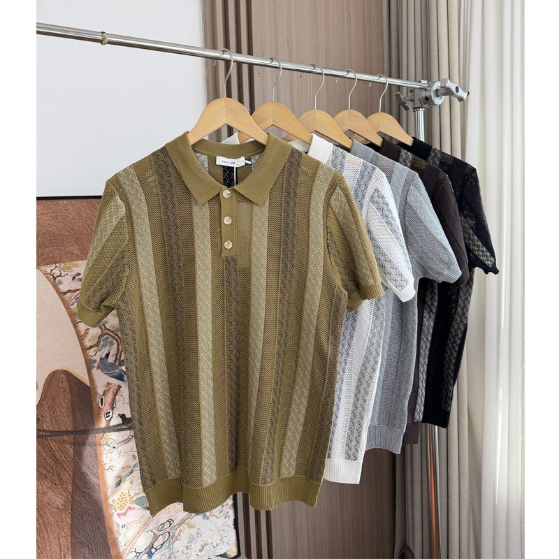 Old Money Style Striped Color-Blocked Spring and Summer Men's Jacquard Knit Three-Button Lapel Short-Sleeve Polo Shirt Old Money Style Striped Color-Blocked Spring and Summer Men's Jacquard Knit Three-Button Lapel Short-Sleeve Polo Shirt