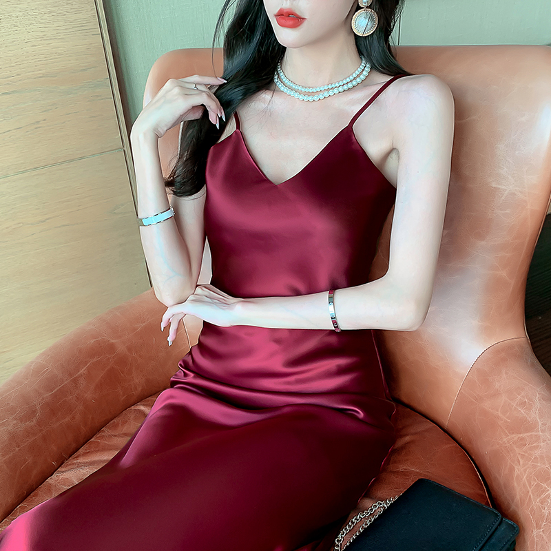Heavyweight High-End Drapey Acetate Silk Satin V-Neck Slip Dress for Women, Mid-Length Summer Elegant Long Dress
