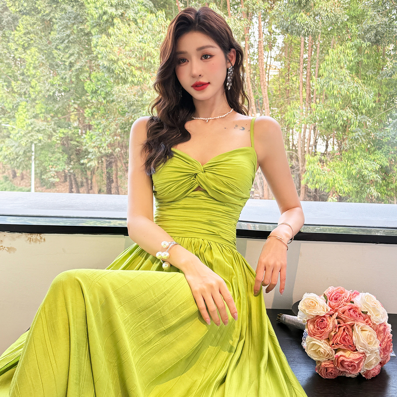 French Resort Style Green Suspender Dress for Women, Summer Sexy Waist-Cinching Slimming Long Dress