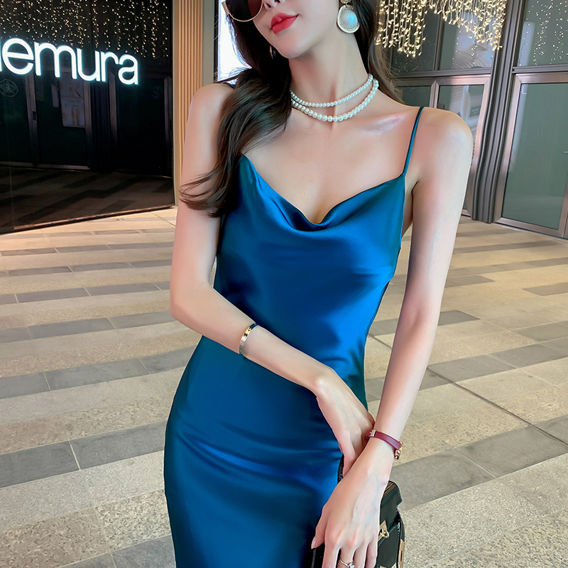 High-End Dopamine French Suspender Dress for Women Summer 24 New Classy Silk Satin Blue Elegant Skirt Slim Fit