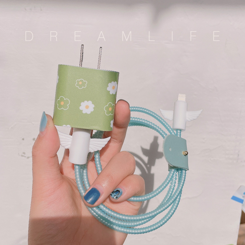 Apple 12pro green small flower data line protective sheath applicable ipad20W charger sticker headphone winding rope