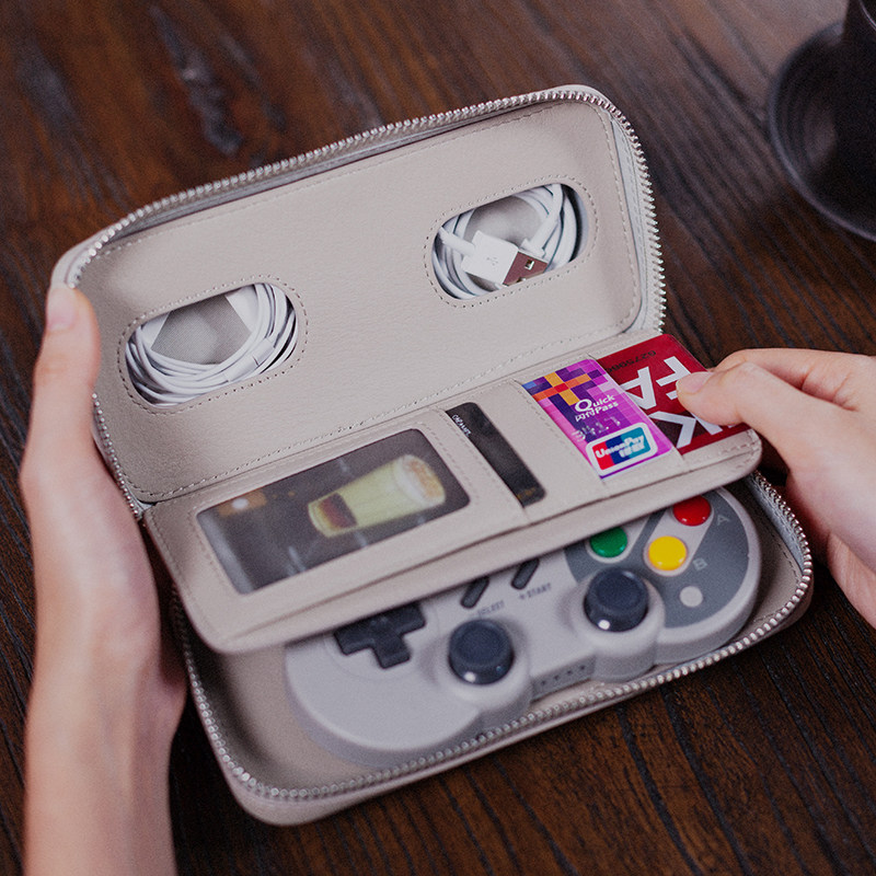 Eight hall game style retro leather AB bag storage handle Headphone data cable men and women cowhide portable money card bag