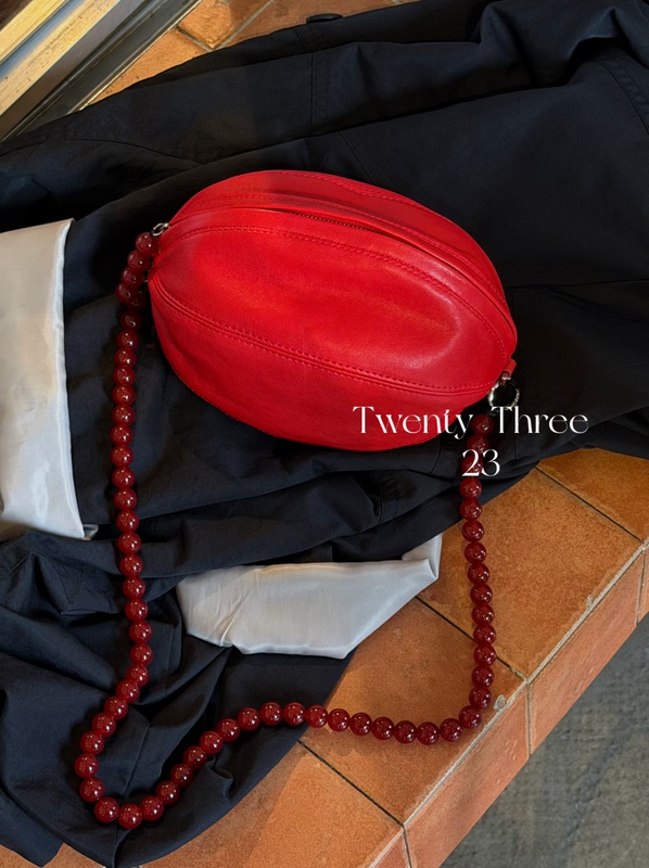 Twenty Three Niche Design Lambskin Red Beaded Rugby Clutch Bag Single Shoulder Crossbody Small Round Bag