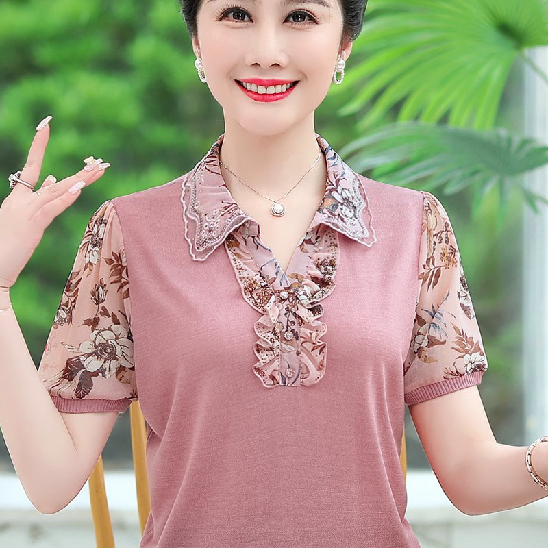 Mom wears summer chiffon short-sleeved T-shirt 40-year-old 50-year-old woman spring small man top small shirt lady summer dress