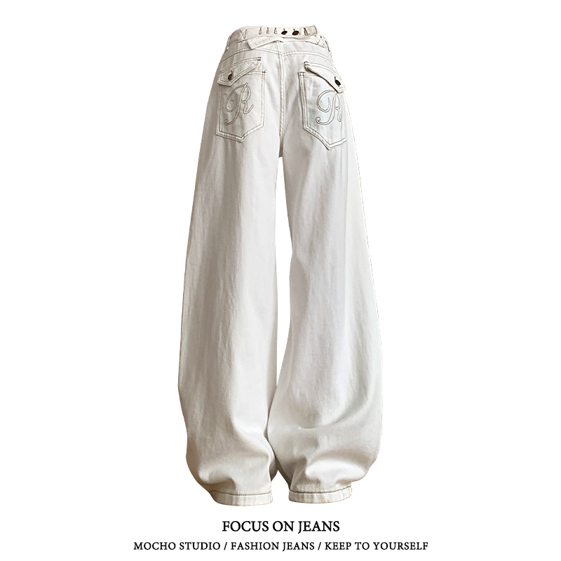 American Retro White Paris Button Straight-Leg Jeans for Women, Summer High-Street Design, Loose and Slimming Wide-Leg Pants