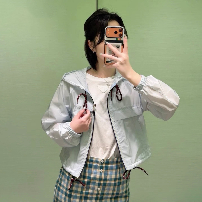 Shenzhen Nanyou High-End Women's Clothing Blue Casual Triangle Logo Drawstring Zipper Hooded Jacket Women's Short Sun Protection Clothing