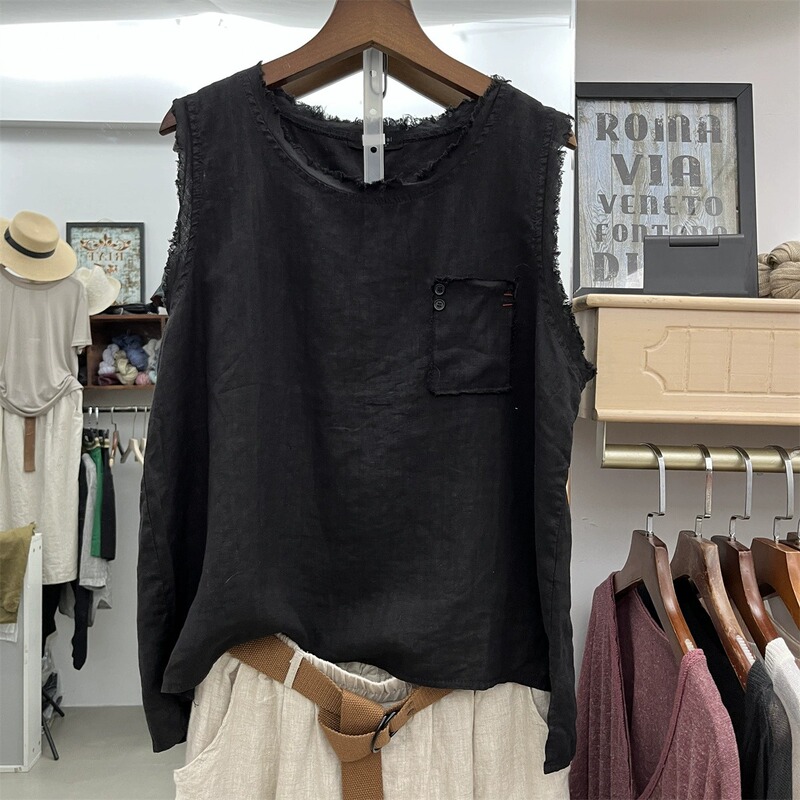 Summer New Solid Color Linen Raw Edge Round Neck Vest for Women, Artistic Cotton and Linen Men's Loose Fashion Sleeveless Thin Top