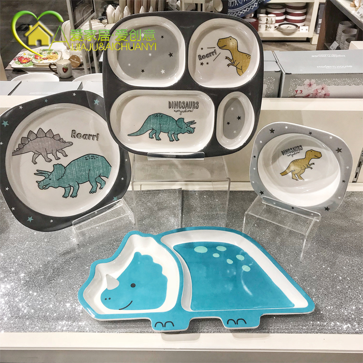 modern house cute dinosaur cartoon figure melamine bowl plate dinner plate rice bowl children's tableware dividing plate