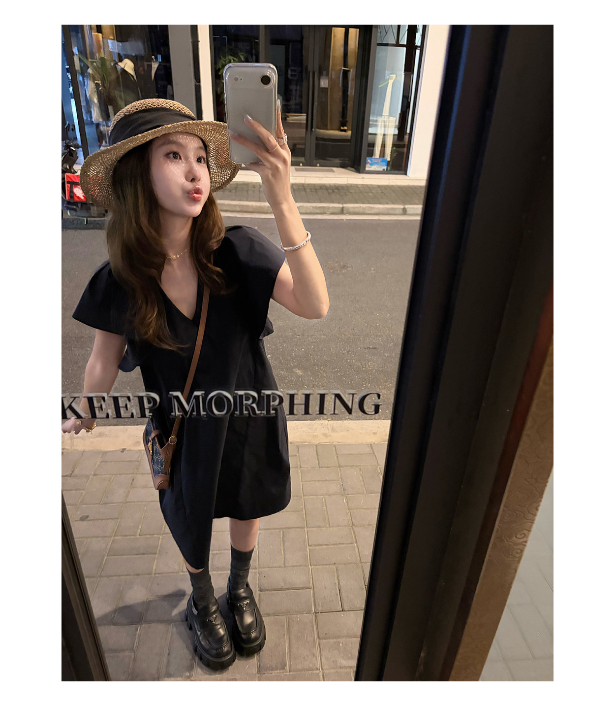 cheese 해군 작은 마녀 주간 실크 코튼 얇고 가벼운 중간 길이 스커트 여름 슬림해 보이는 루즈핏 Feifei 소매 V넥 드레스 상세 이미지 15