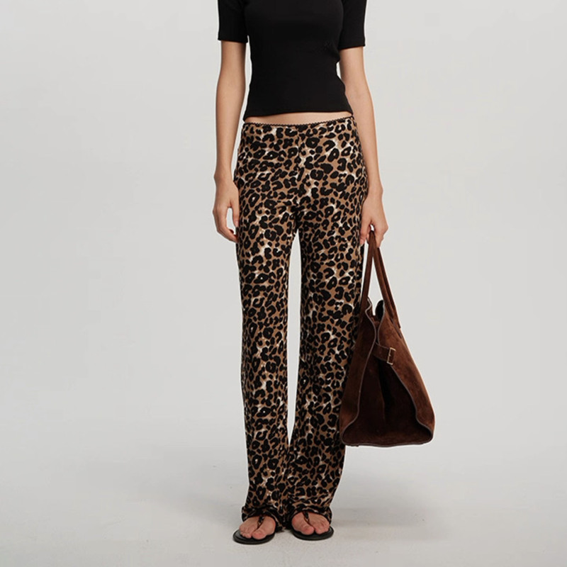 Cool and Skin-Friendly, Straight-Leg Leopard Print Trousers with Lace Trim at the Waist and Cuffs and a Draping Effect