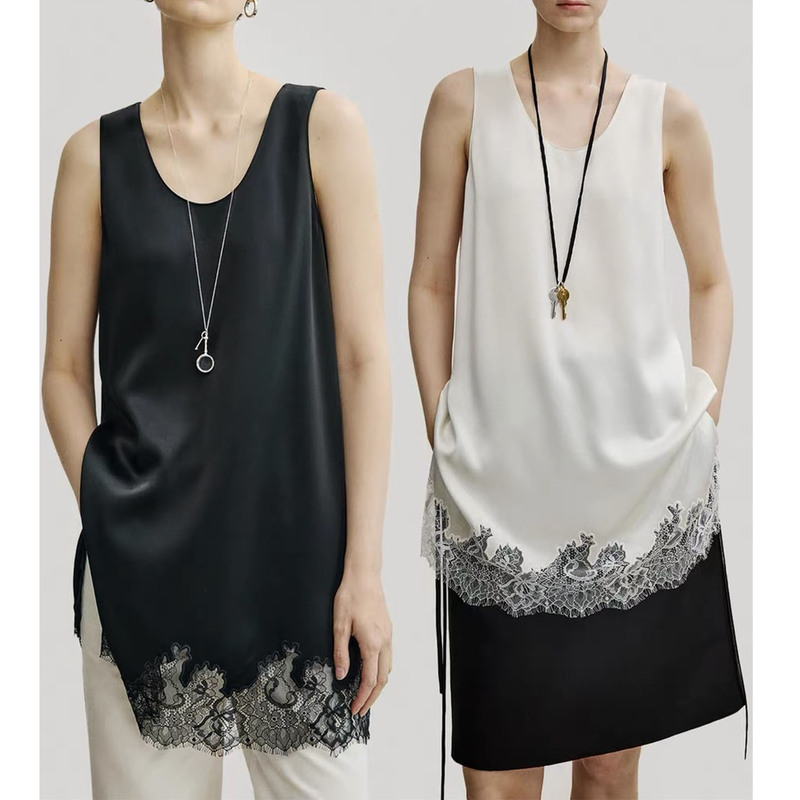 Versatile Layering Piece: Triacetate Cool-Touch Double-Sided Satin with a Lustrous Drape, Embroidered Lace Patchwork Long Camisole Versatile Layering Piece: Triacetate Cool-Touch Double-Sided Satin with a Lustrous Drape, Embroidered Lace Patchwork Long Camisole