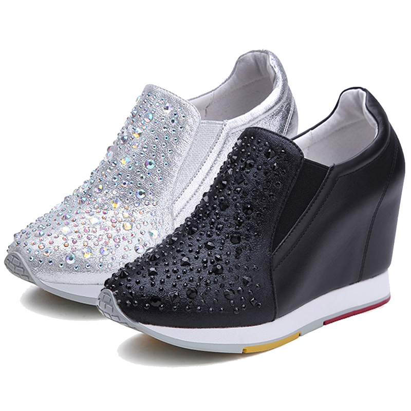 European Women's Shoes 2026 Spring and Autumn Genuine Leather Slip-On Wedge Shoes with Hidden Height Increase, Rhinestone Embellishment, Slimming Casual Shoes