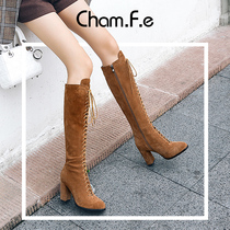 Brown retro Martin boots female British autumn and winter frosted leather high boots strap thick heel long boot 607Y