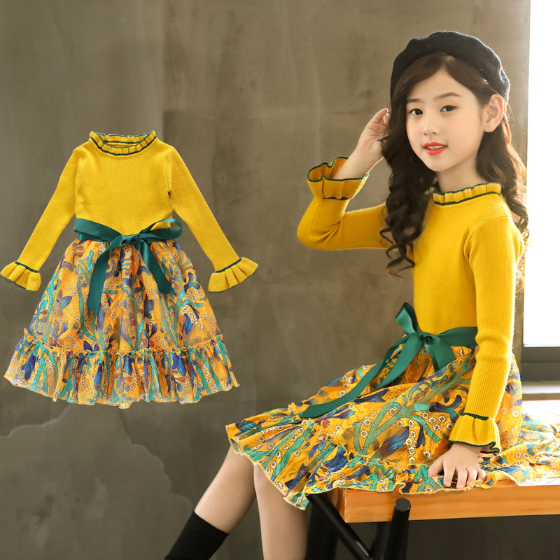 Online Red Girl Dress Dress 2022 New Spring Autumn Dress Foreign Pie Children Foreign Dress Korean Version Fashion Girl Sweaters Dress