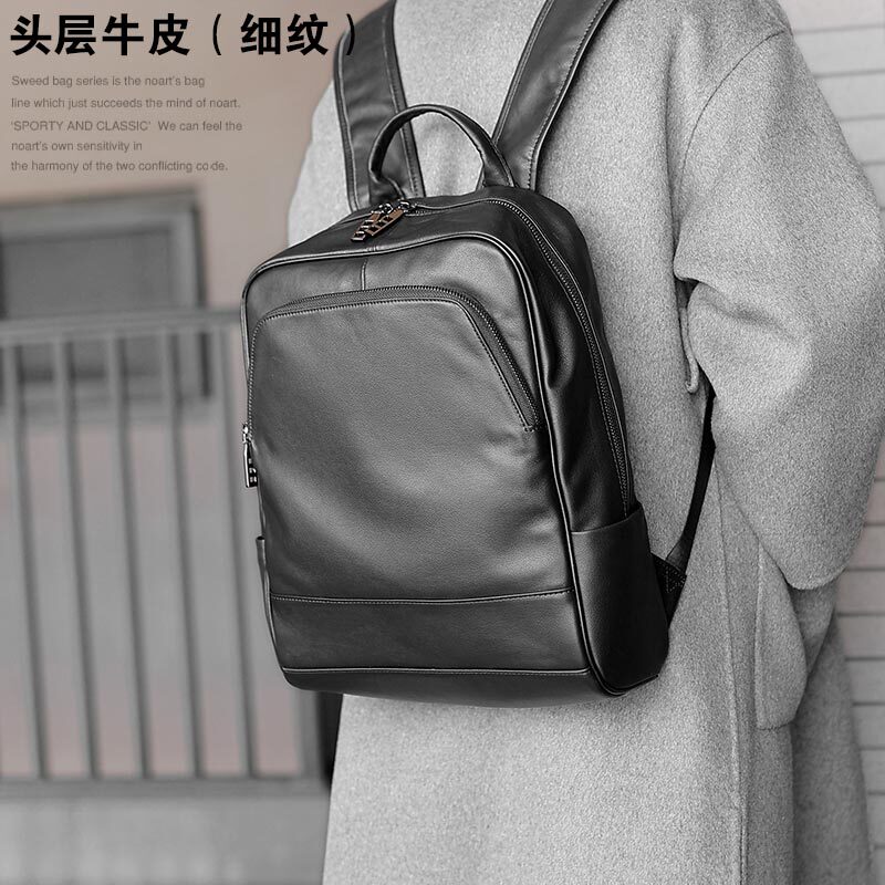 Zuosen Men's Genuine Leather Backpack, Full-Grain Cowhide Backpack, Laptop Bag, Men's Bag with Multiple Pockets (Fine Leather Texture)