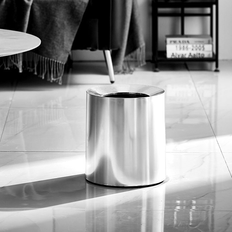 Model Room Trash Can for Home Use in Kitchen, Living Room, Bedroom, Bathroom, Large Capacity, Creative, Light Luxury, Metal Silver Wastebasket