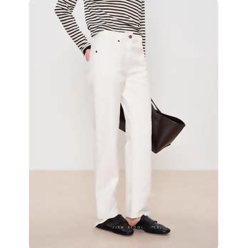 White Cropped Jeans for Women, Summer Thin Style, Siro-Spun Yarn, Stretchy, Mid-Waist, Straight-Leg Pants