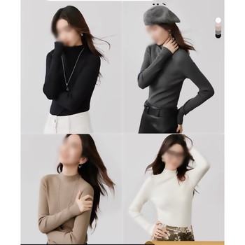 Solid Color Base Knit Sweater, New Spring and Autumn Women's Fashion, Textured, Fitted, Slimming, Half-High Collar Top