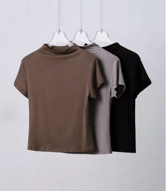 【Tx0323838】 Kardashian Style T-Shirt, Elegant High-Neck Slim-Fit Short Top