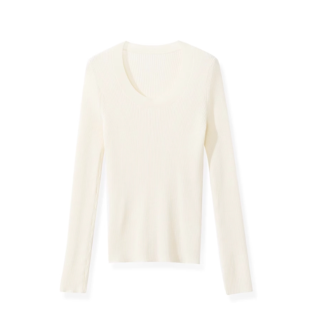 [Tec Machine Washable Wool]48-Count Yangzi Yarn U-Neck Ribbed Slim-Fit Slimming Knit Wool Base Shirt for Women