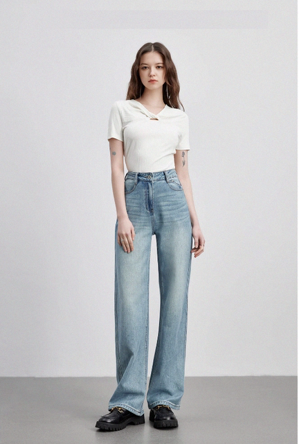 003 High-Waisted Jeans for Women 2023 Autumn High-Quality Floor-Length Straight-Leg Pants Slimming Narrow Wide-Leg Pants