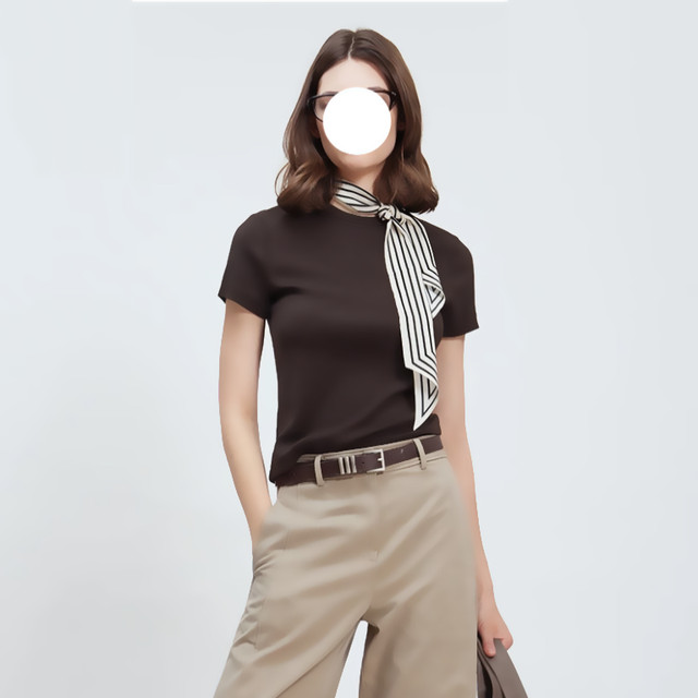 Age-Reducing Snake-Shaped Yarn Ribbed Cotton Round-Neck Short-Sleeve T-Shirt, Slim Fit, Not Tight on the Body, Regular Shoulder Women's T-Shirt