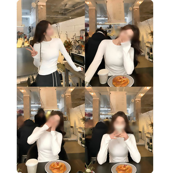 Brushed Fleece Thickened Right-Angle Shoulder Round Neck Kendall T-Shirt for Women, Spring and Autumn White Long-Sleeve Base Layer Top