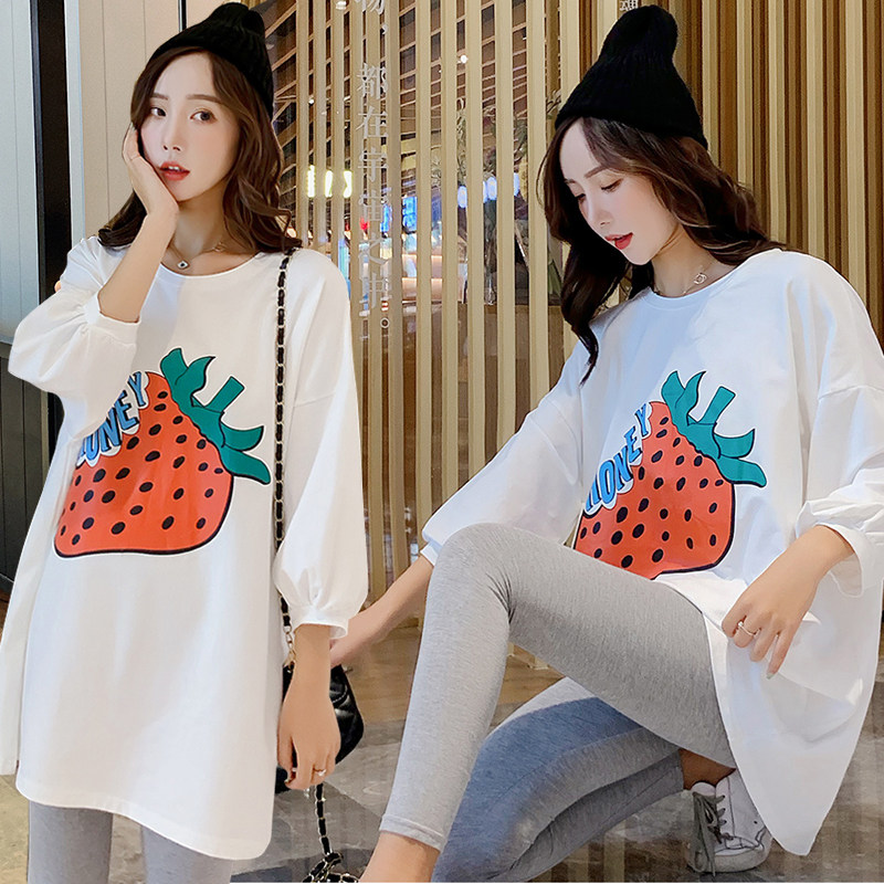 2021 Autumn Maternity Wear Trendy Hot Mom Loose Three-quarter Sleeve Printed Strawberry Round Neck Thin Small Fresh Cotton Top