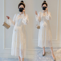 Pregnancy Woman Dress Dress dress 2021 First fall New Loose Slim Horn Cuff Lacing Method Ultra Fairy Temperament Long Skirt