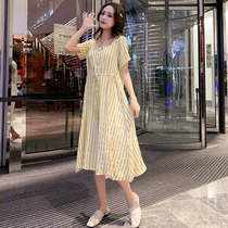 2021 Summer gestational woman dress with large code stripe square collar lacing pure cotton cover belted for leisure and casual dress