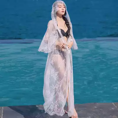 Lace sunscreen dress fairy fan white long version wild wild hot spring bikini swimsuit jacket