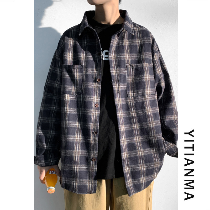 Autumn new large-scale male original Harbor wind work collar relaxed leisure and trend Korean style lattice shirt