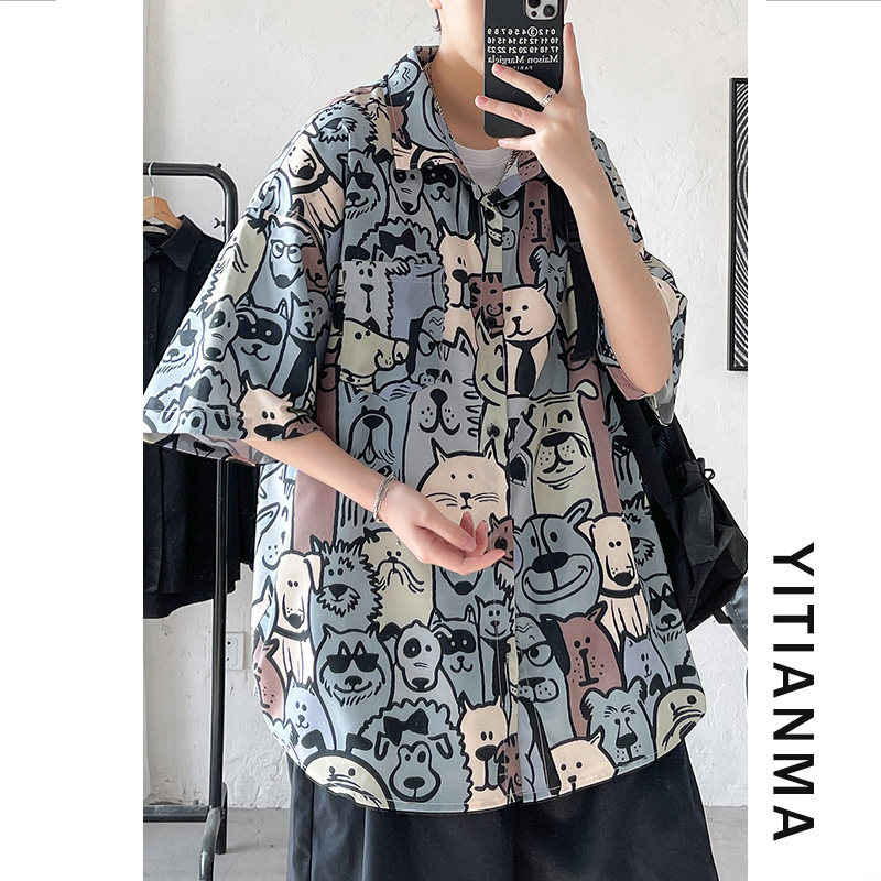 Summer seaside flower shirt men sky cartoon cartoon print large summer tide haven holiday ice wire half sleeve