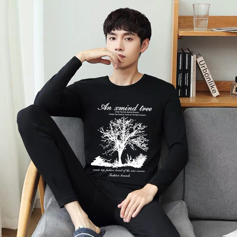 Men's autumn winter warm underwear students thicken plus collar cotton sweater teen round collar autumn pants suit