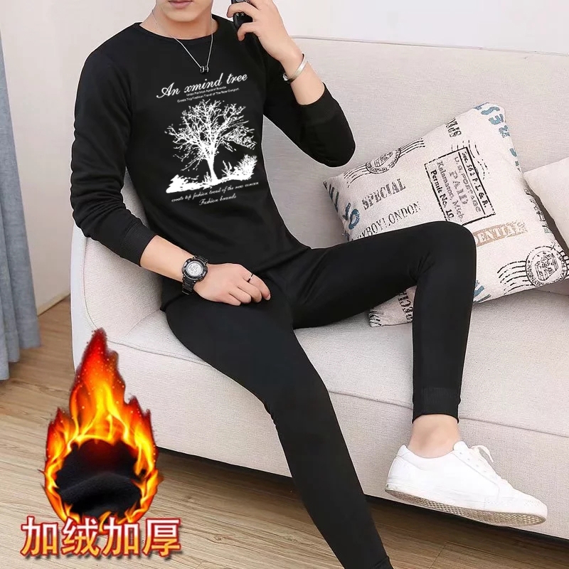 Mens mùa thu và mùa đông ấm áp sinh viên đồ lót dày cộng với nhung t-shirt trẻ quần quanh cổ ed / h mùa thu được thiết lập.